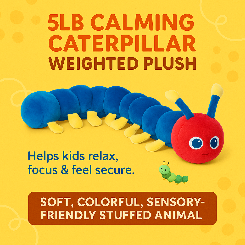 5lb Calming Caterpillar Weighted Plush in blue and red, sensory toy that helps kids relax and focus.
