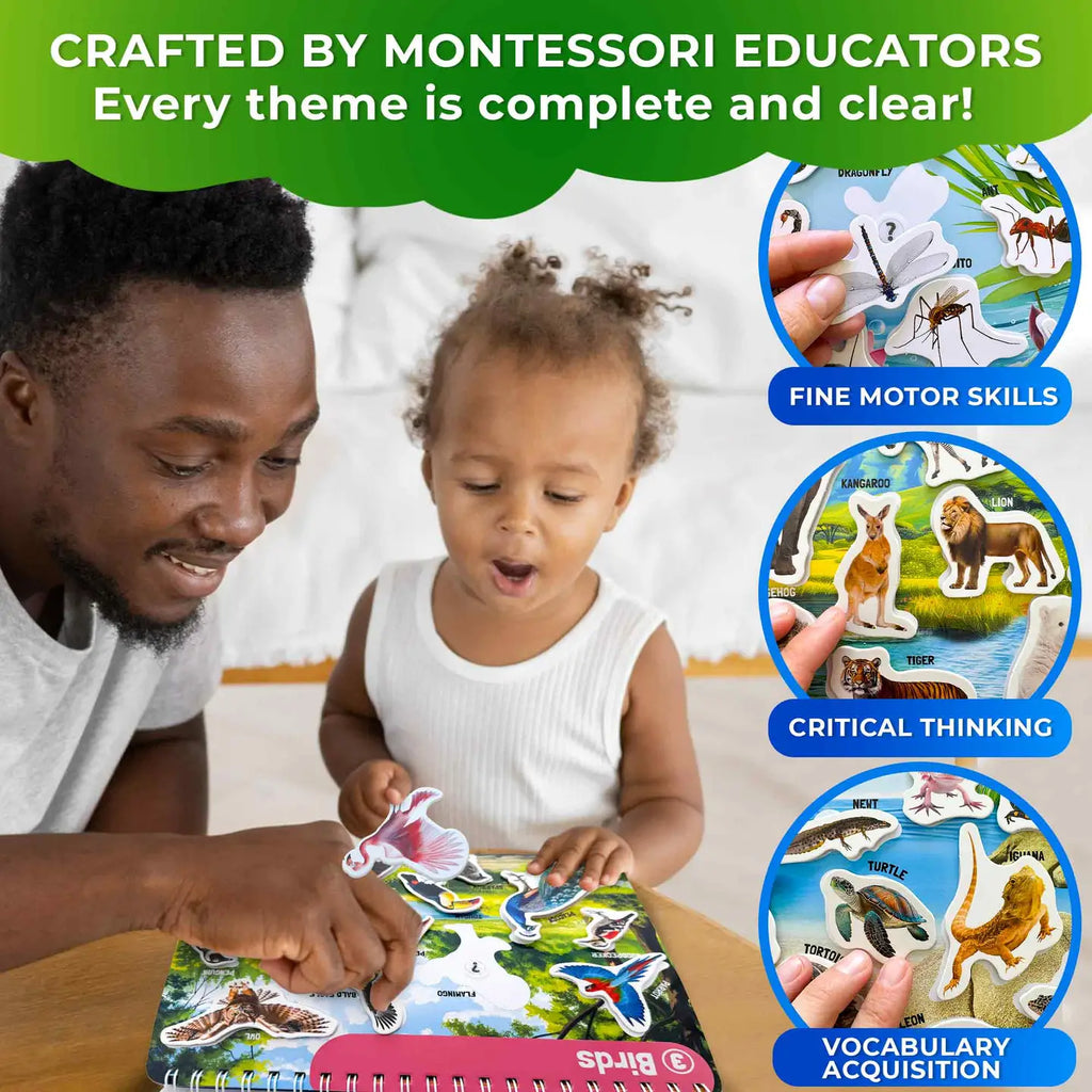 Learning together — the Montessori Busy Book brings wildlife education to life through interactive play that strengthens focus, motor skills, and parent-child connection.
