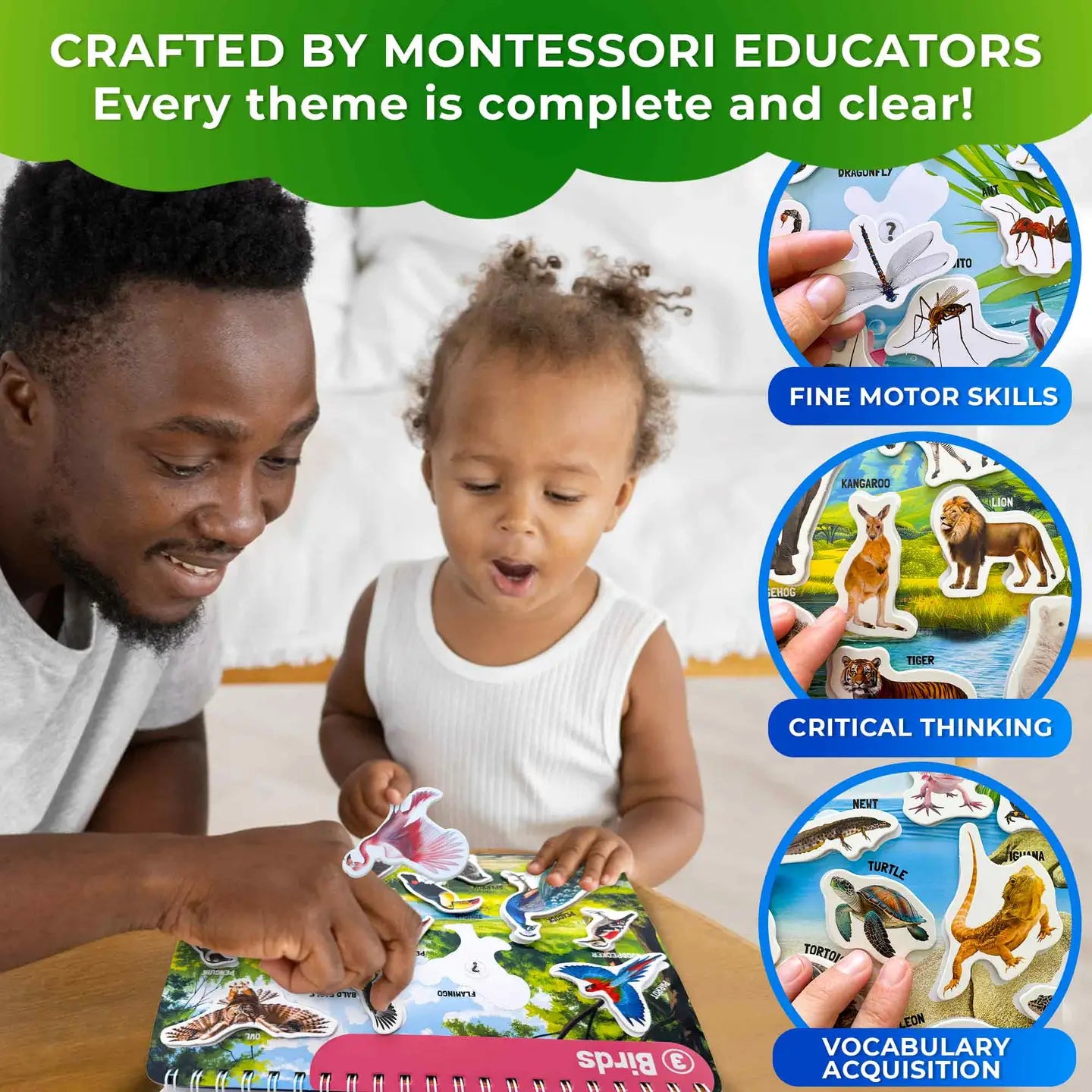 Learning together — the Montessori Busy Book brings wildlife education to life through interactive play that strengthens focus, motor skills, and parent-child connection.