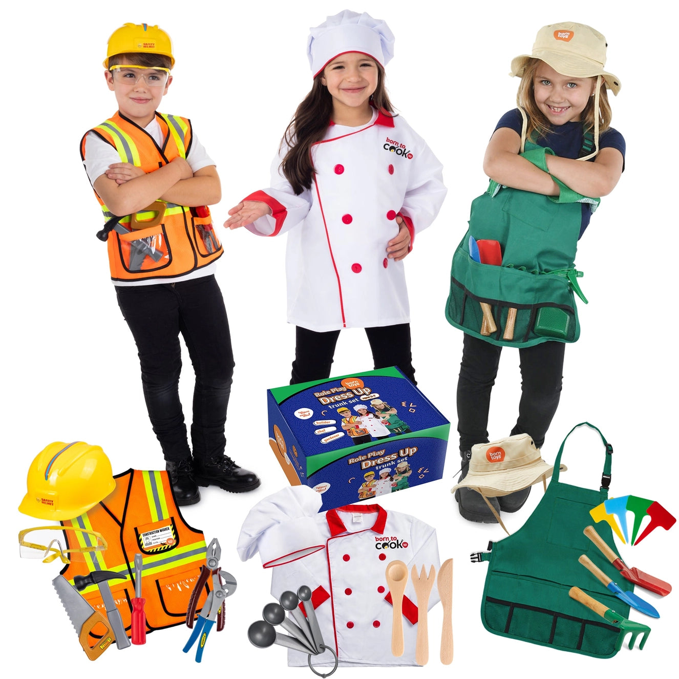 Children wearing construction worker, chef, and gardener costumes with hats, aprons, tools, and accessories on a white background. Perfect for kids’ dress up, pretend play, role play, and imaginative learning activities. Includes hard hat, safety vest, chef jacket, utensils, gardening apron, gloves, and tools.