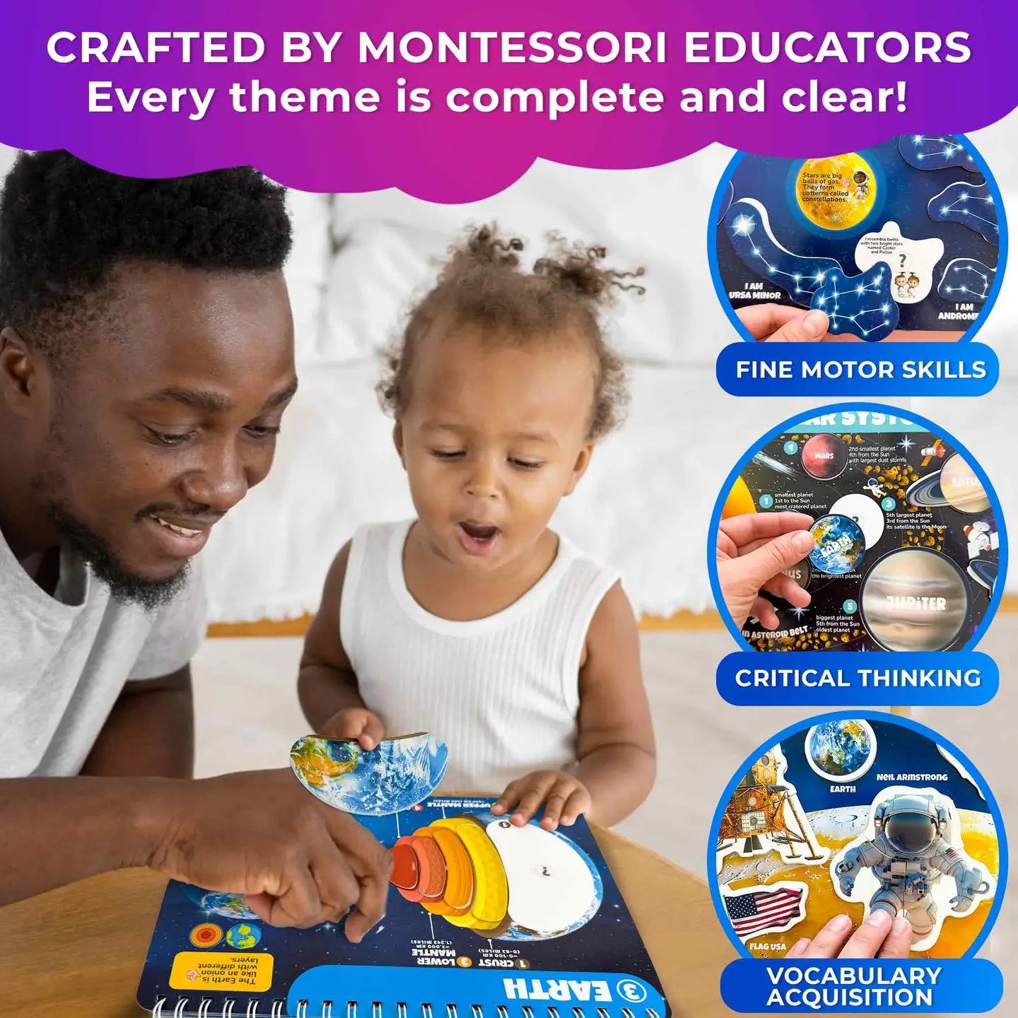 This Montessori Busy Book encourages bonding and early learning through play. Designed by Montessori educators, it helps children develop fine motor skills, vocabulary, and critical thinking while exploring science and space themes. Perfect for home learning and preschool development.