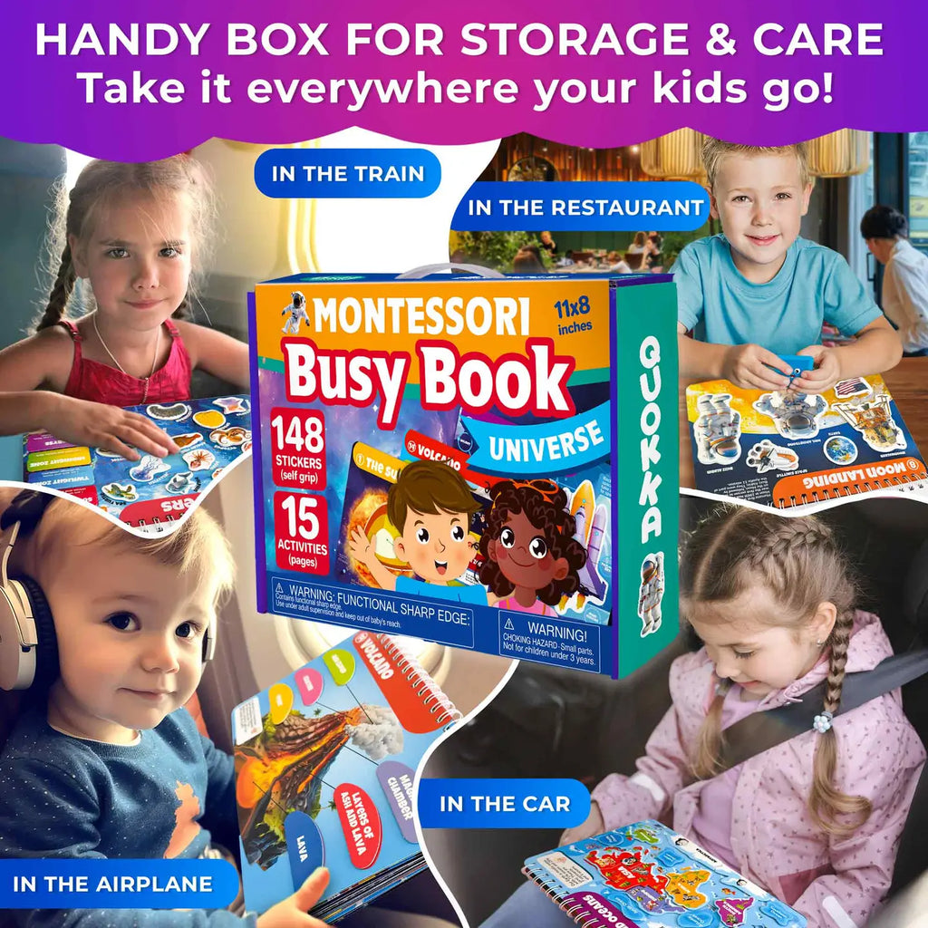 This travel-friendly Montessori Busy Book keeps children engaged and learning anywhere — on the road, in the air, or at the table. With 15 themes and 148 interactive elements, this compact set promotes hands-on learning, fine motor skills, and imagination while on the go.