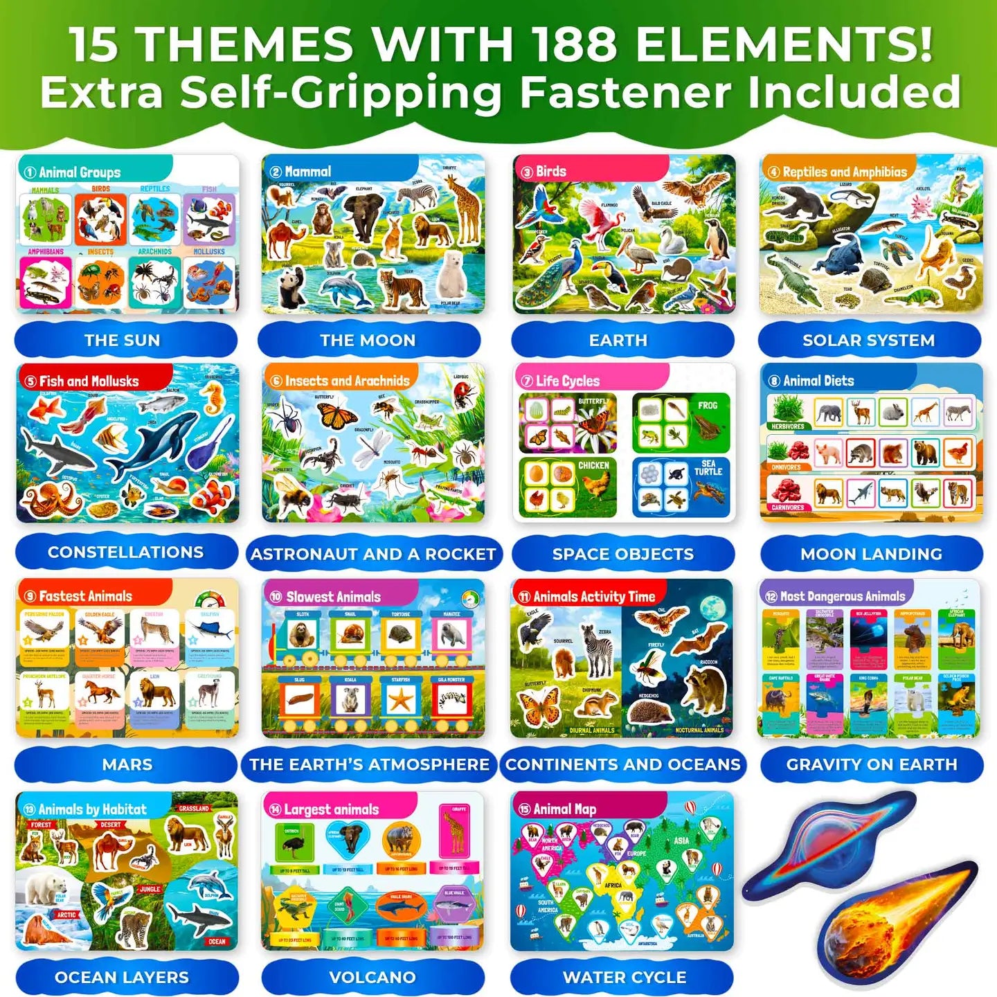 Each page is packed with discovery! Explore 15 wildlife learning themes—from mammals and birds to reptiles, insects, and ocean life—all connected through colorful, reusable stickers.
