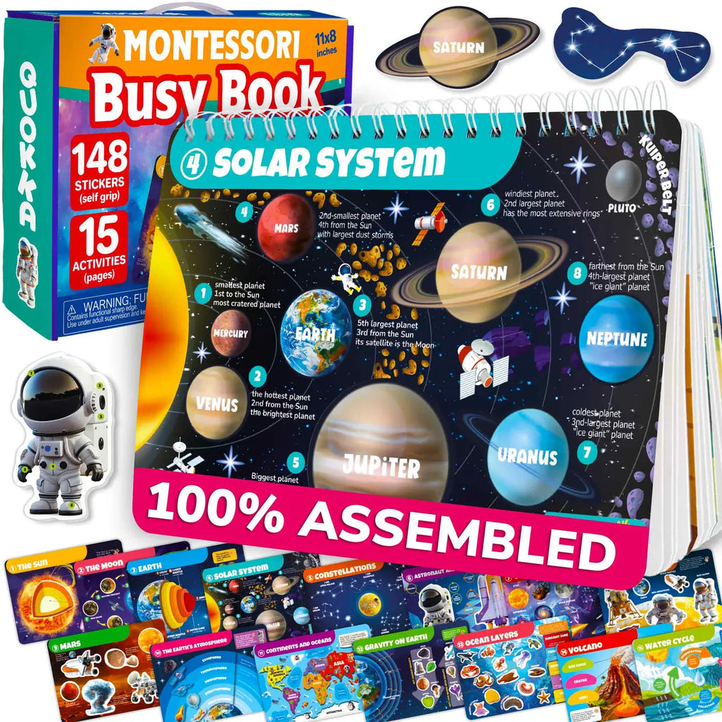 Montessori Busy Book – Solar System Learning Activity for Kids with Stickers, Planets, and Educational Games