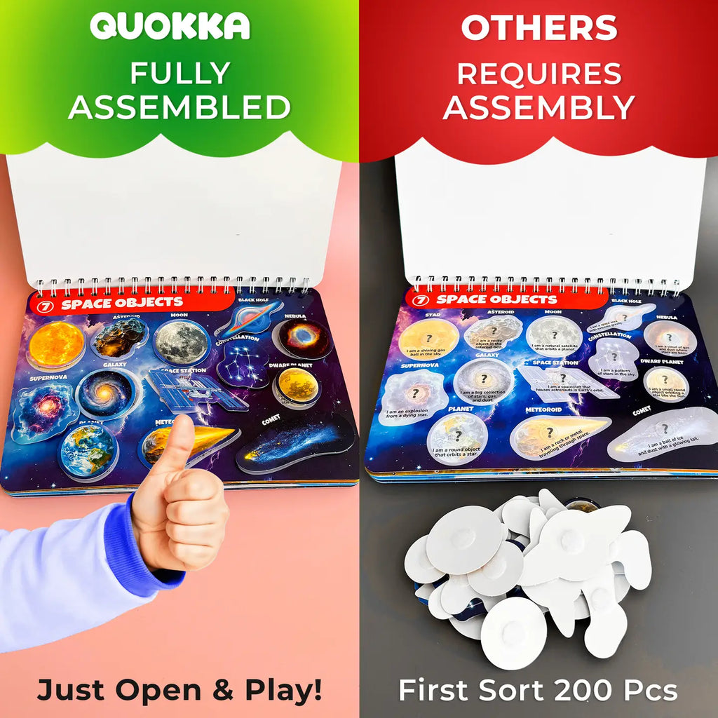 The Quokka Montessori Busy Book comes fully assembled for instant learning fun. No sorting, no setup — just open and play! Compare the hassle-free Quokka design to other brands that require sorting over 200 pieces before use.