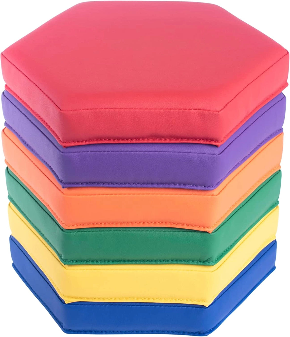 Colorful hexagon floor cushions for kids – red, purple, orange, green, yellow, blue – sensory seating for classrooms, autism therapy, circle time mats, washable vinyl cushions.