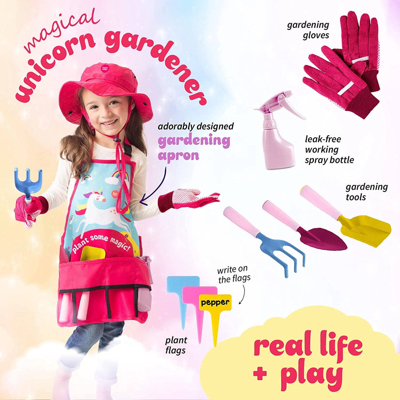 Children’s unicorn gardening set with apron, gloves, and hat, designed for kids ages 3-7. Playtime dress up and plant outdoors toy set.