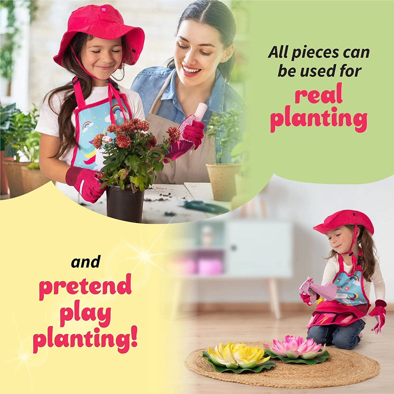 Children gardening with unicorn themed playset, including apron, hat, gloves, shovel, rake, trowel, watering spray bottle, and pretend planting accessories