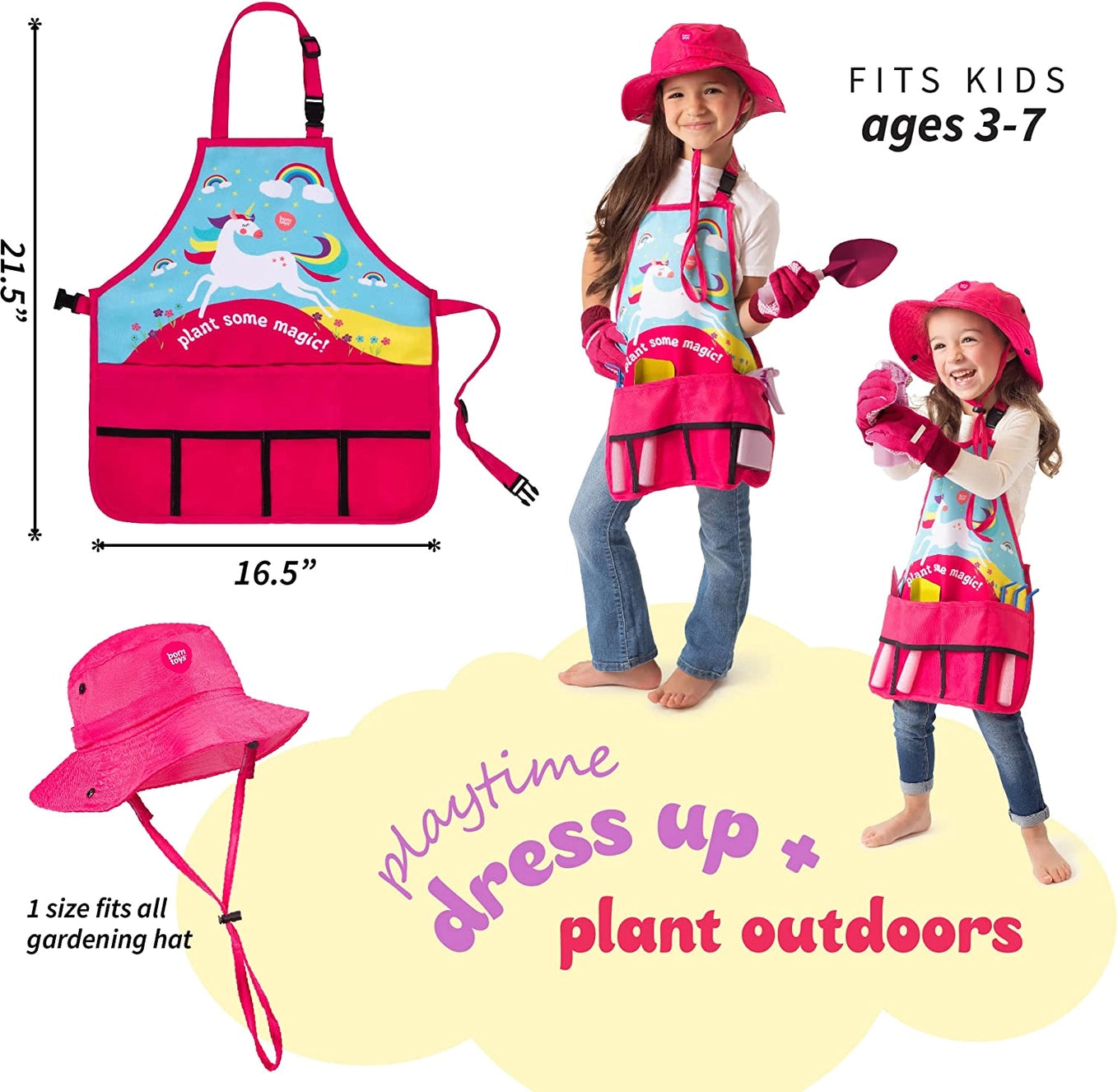 Children’s unicorn gardening dress up set with apron, sun hat, gloves, and colorful gardening tools, designed for kids ages 3 to 7.