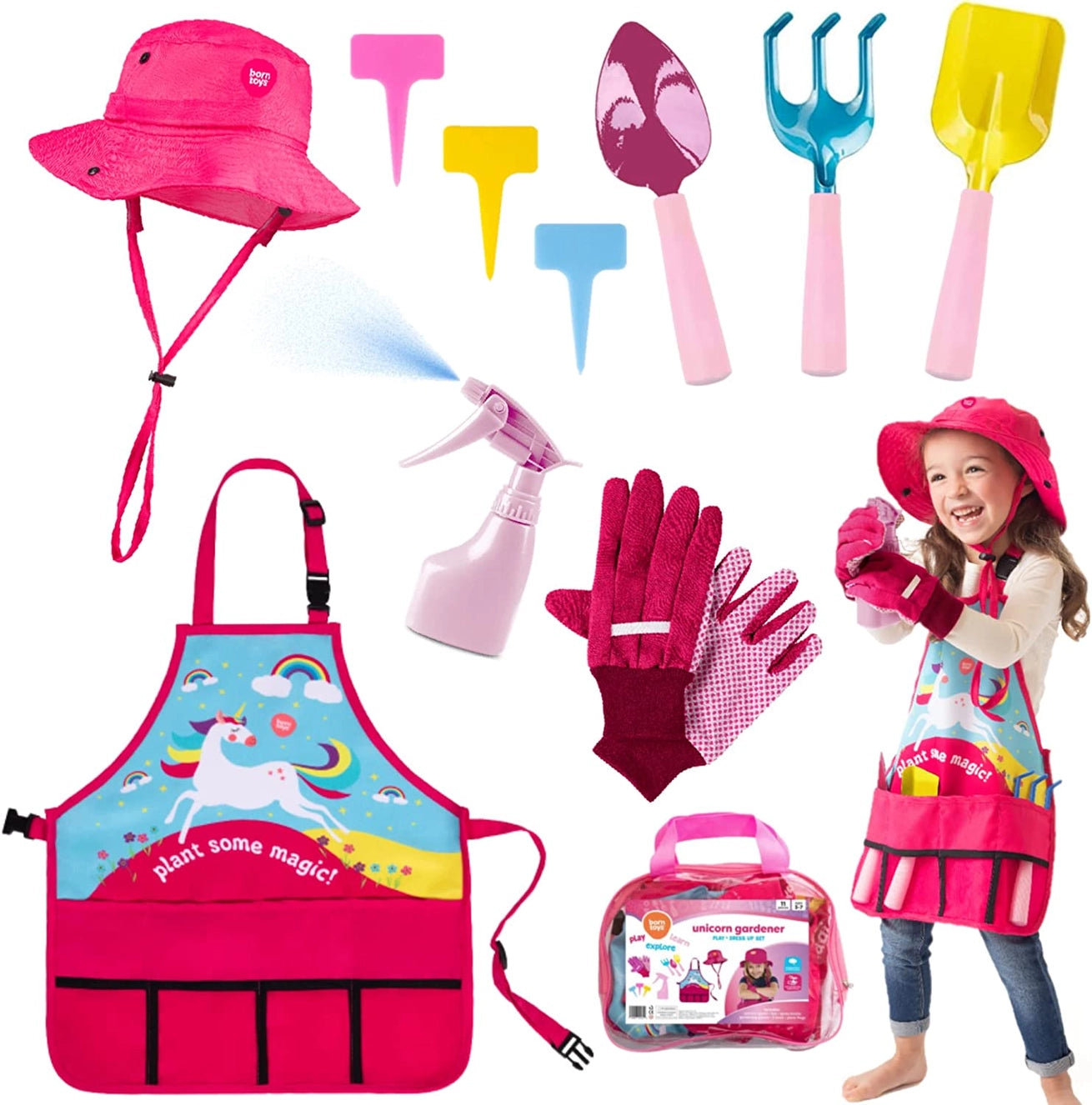 Unicorn gardening toy set including apron, gardening hat, gloves, spray bottle, and colorful tools for kids pretend play and outdoor activities.