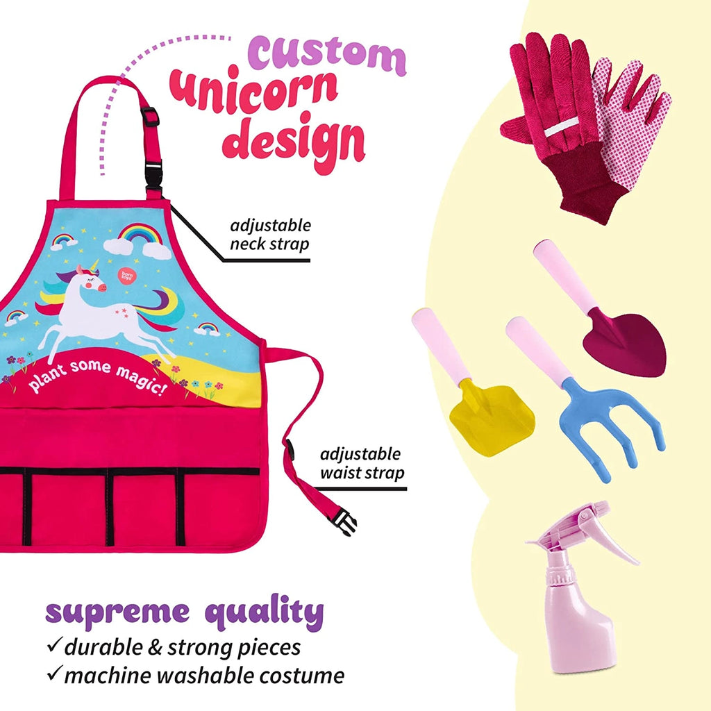 Children's unicorn gardening set including apron, gloves, sun hat, spray bottle, and colorful toy tools on a white background