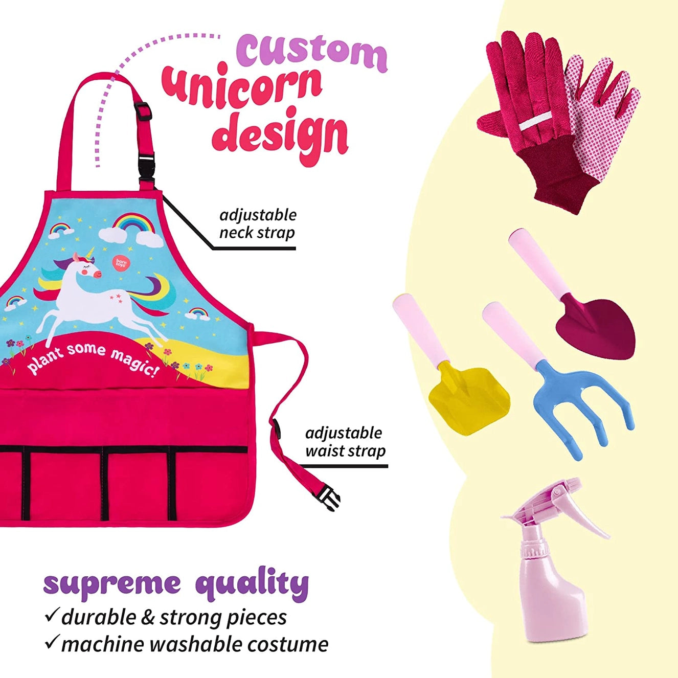 Children's unicorn gardening set including apron, gloves, sun hat, spray bottle, and colorful toy tools on a white background