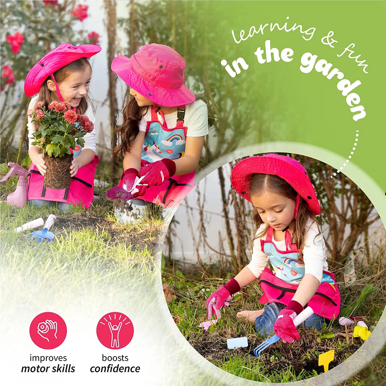 Children using unicorn kids gardening set with apron, gloves, hat, spray bottle, and toy tools, outdoor pretend play costume for toddlers