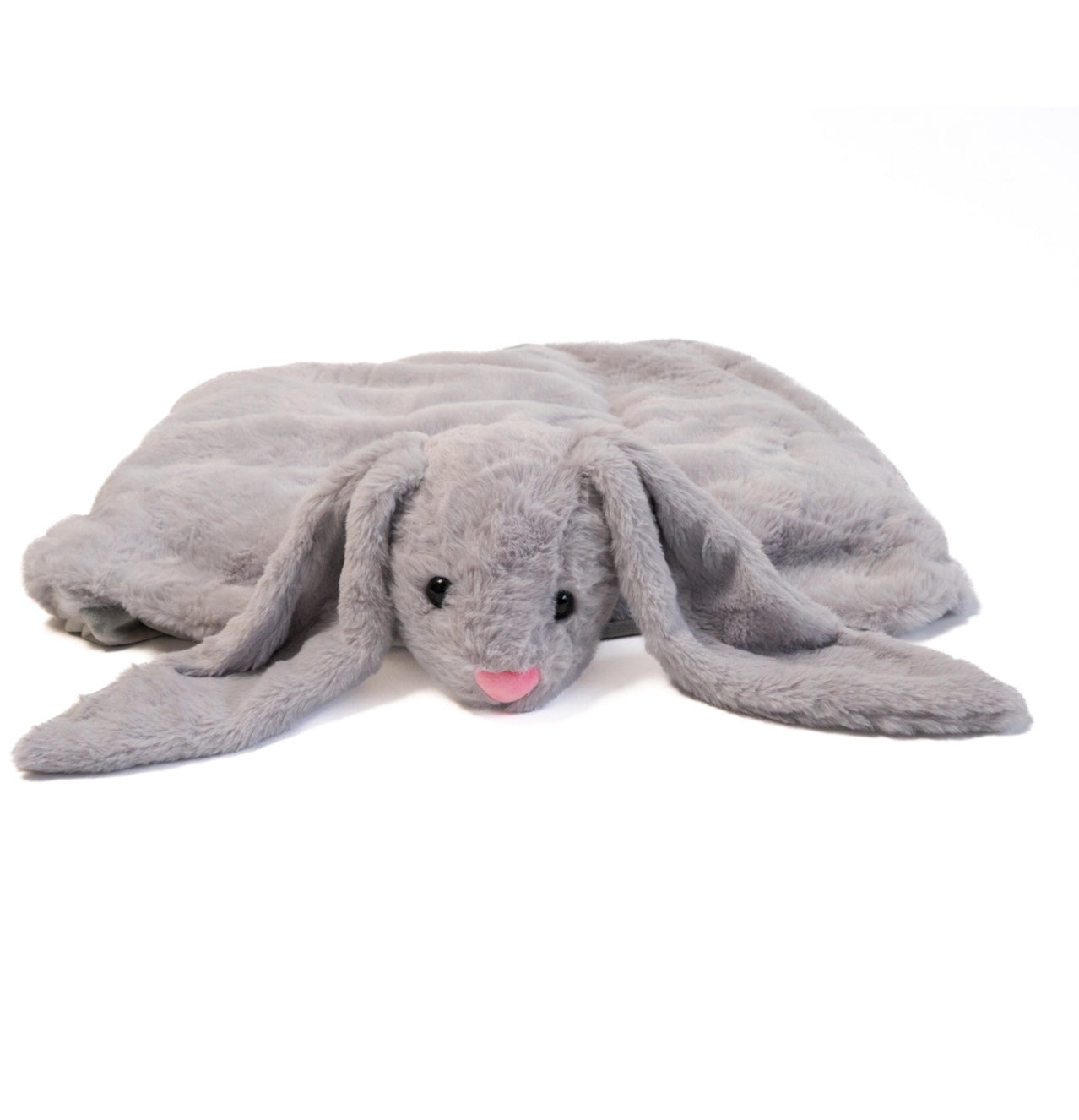 Gray weighted lap bunny sensory toy for kids with autism, ADHD, or anxiety. Plush calming stuffed animal used for relaxation, focus, and comfort on a white background.