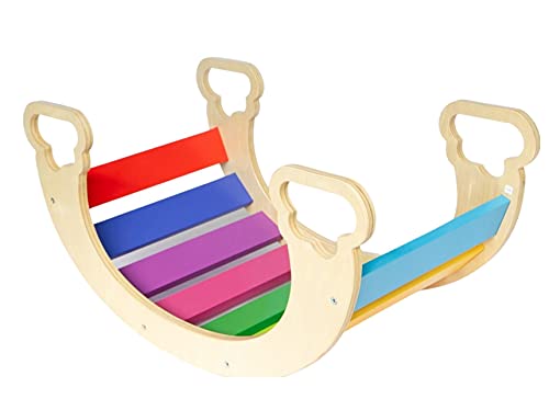 Wooden children’s balance rocker toy with rainbow-colored slats, Montessori climber and seesaw for toddlers, indoor sensory play equipment, rainbow wood toy for coordination and balance