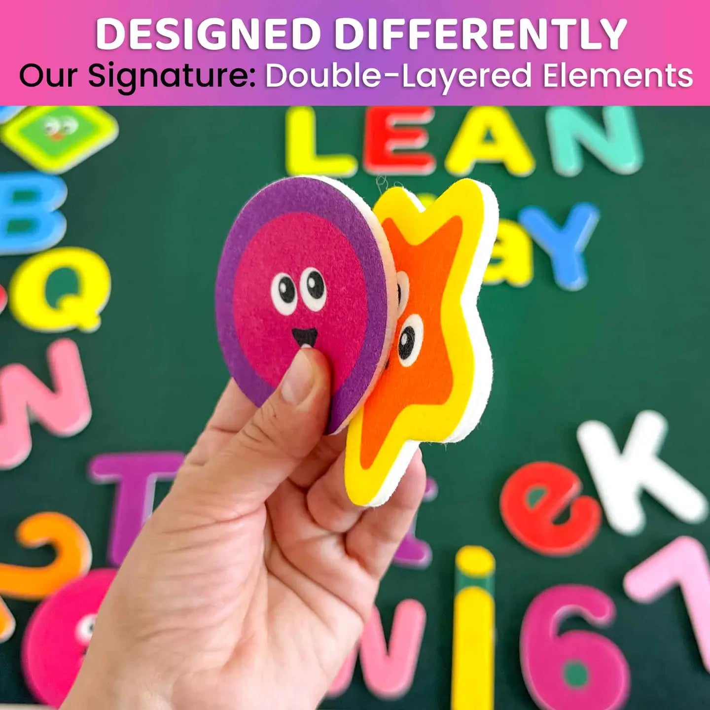 Close-up of double-layered felt letters from ABC Felt Board for Kids alphabet learning toy
