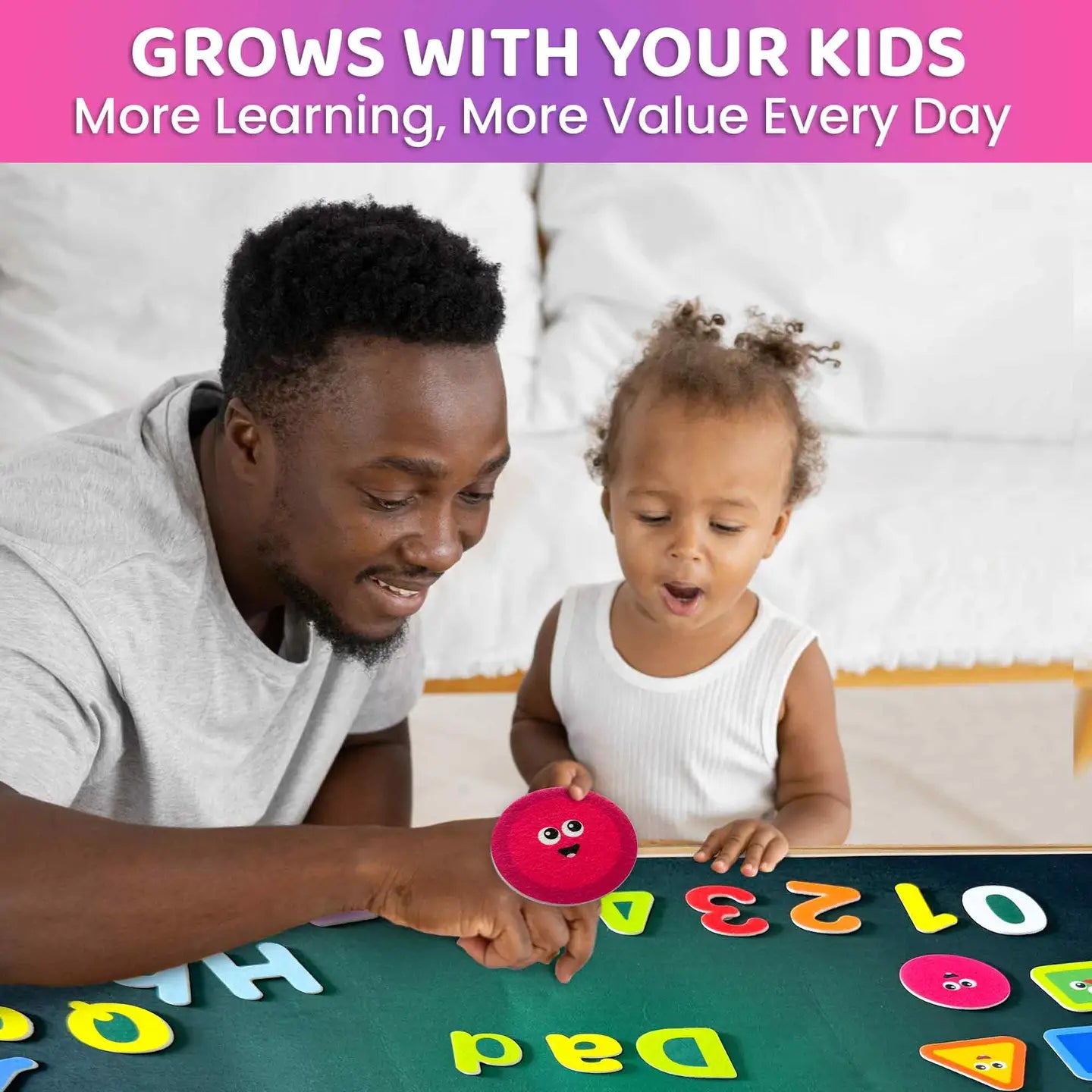 Parent and child playing together with ABC Felt Board for Kids educational flannel board for literacy learning
