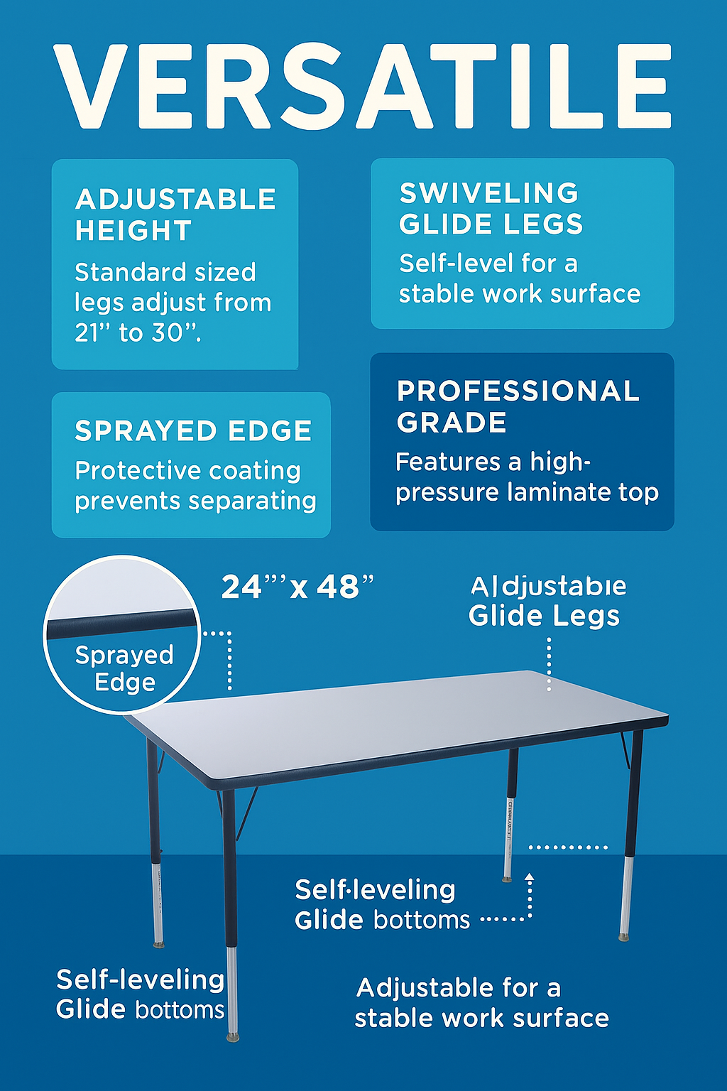 Versatile adjustable classroom table with 24x48 inch surface, sprayed edge, and self-leveling glide legs for stable workspace use.