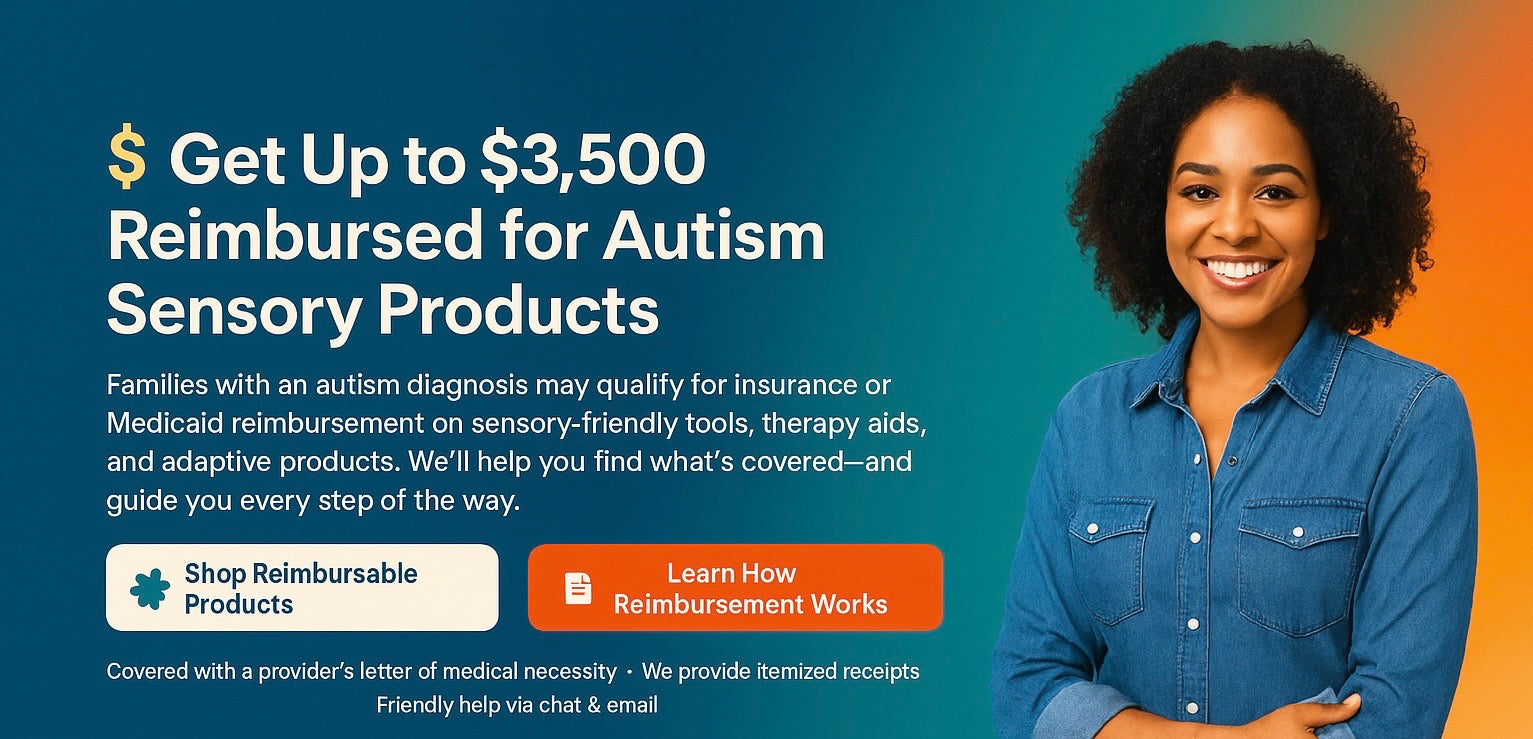 Promotional banner for autism sensory product reimbursement up to $3,500 through insurance or Medicaid, featuring a smiling woman in a blue shirt.