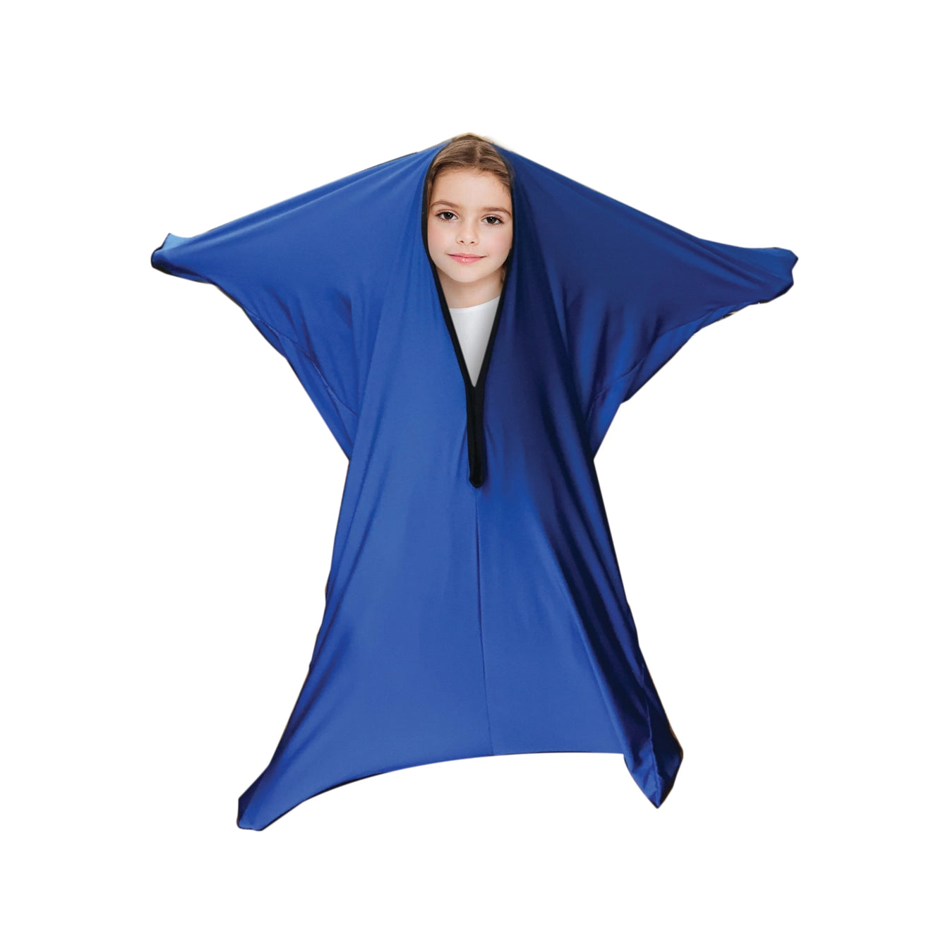 Child wearing a blue sensory body sock on a white background, demonstrating full-body stretch and compression for autism therapy, sensory play, and proprioceptive support.