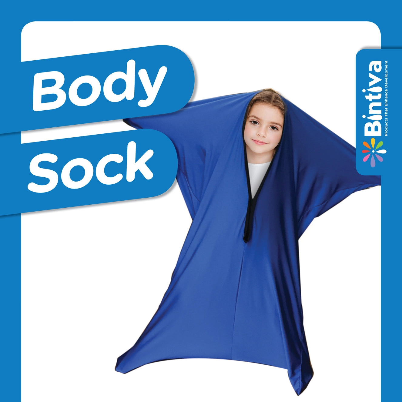 Child wearing a blue sensory body sock with Bintiva branding on a white background, showing full-body compression design for sensory therapy and autism support.
