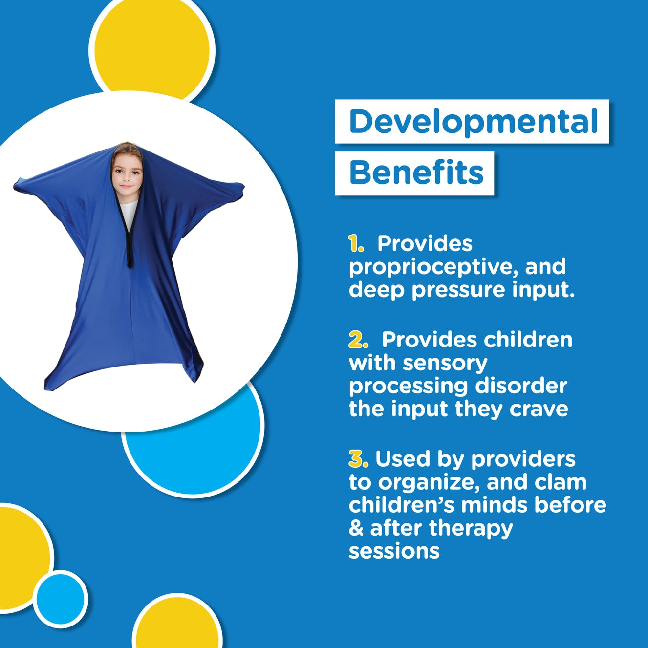 Blue sensory body sock infographic highlighting developmental benefits such as proprioceptive input, deep pressure stimulation, and sensory organization support for children.