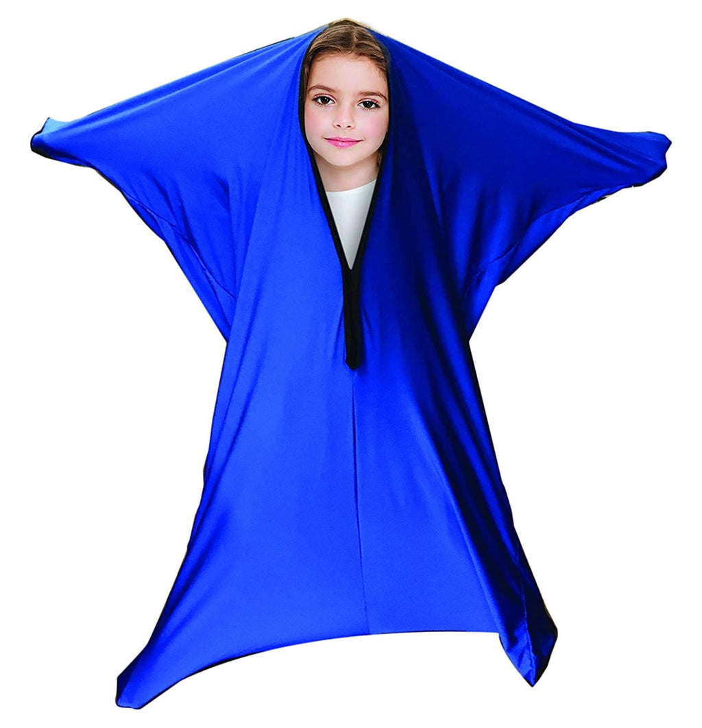 Child wearing a blue sensory body sock on a white background, showing stretchable compression design for calm and focus.
