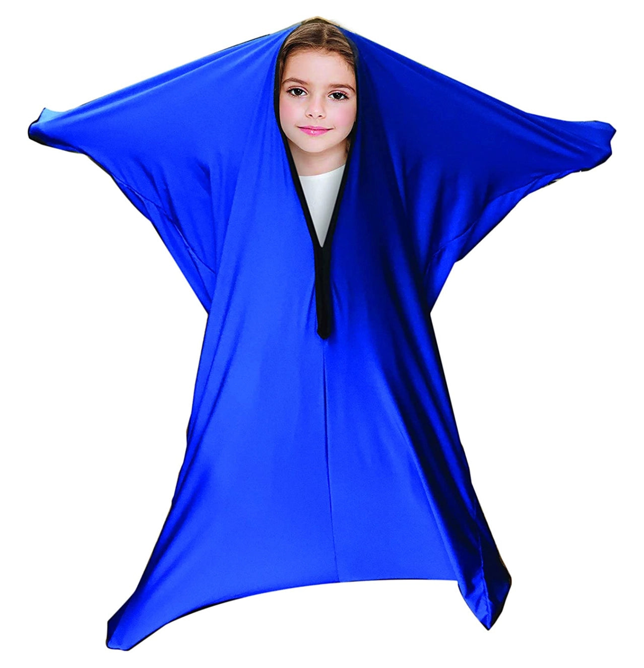 Child wearing a blue sensory body sock on a white background, showing stretchable compression design for calm and focus.
