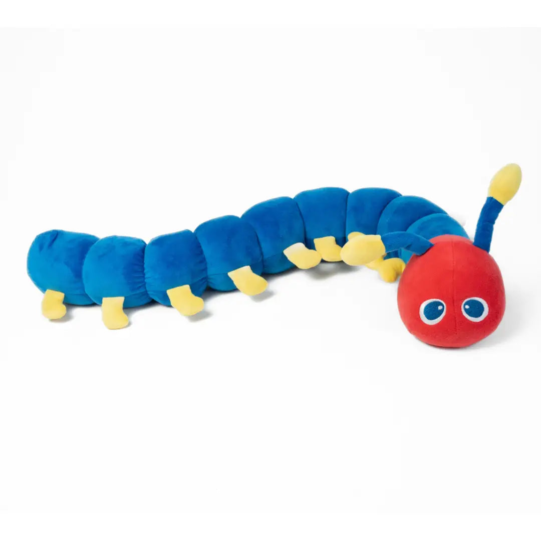 Blue and red calming caterpillar weighted plush sensory toy for kids with a white background.