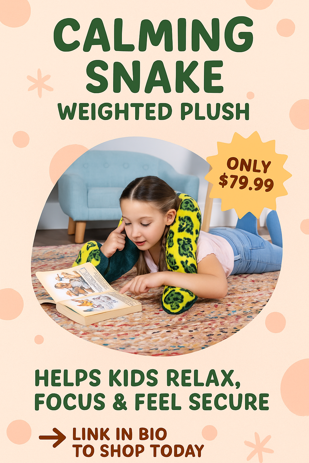 Child reading with a calming snake weighted plush toy, sensory aid for relaxation, focus, and emotional security.

