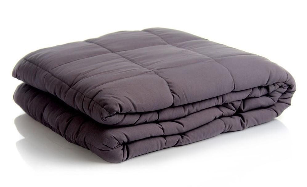 Folded charcoal gray weighted blanket on a white background — premium calming blanket for anxiety, stress relief, deep sleep, and sensory comfort.