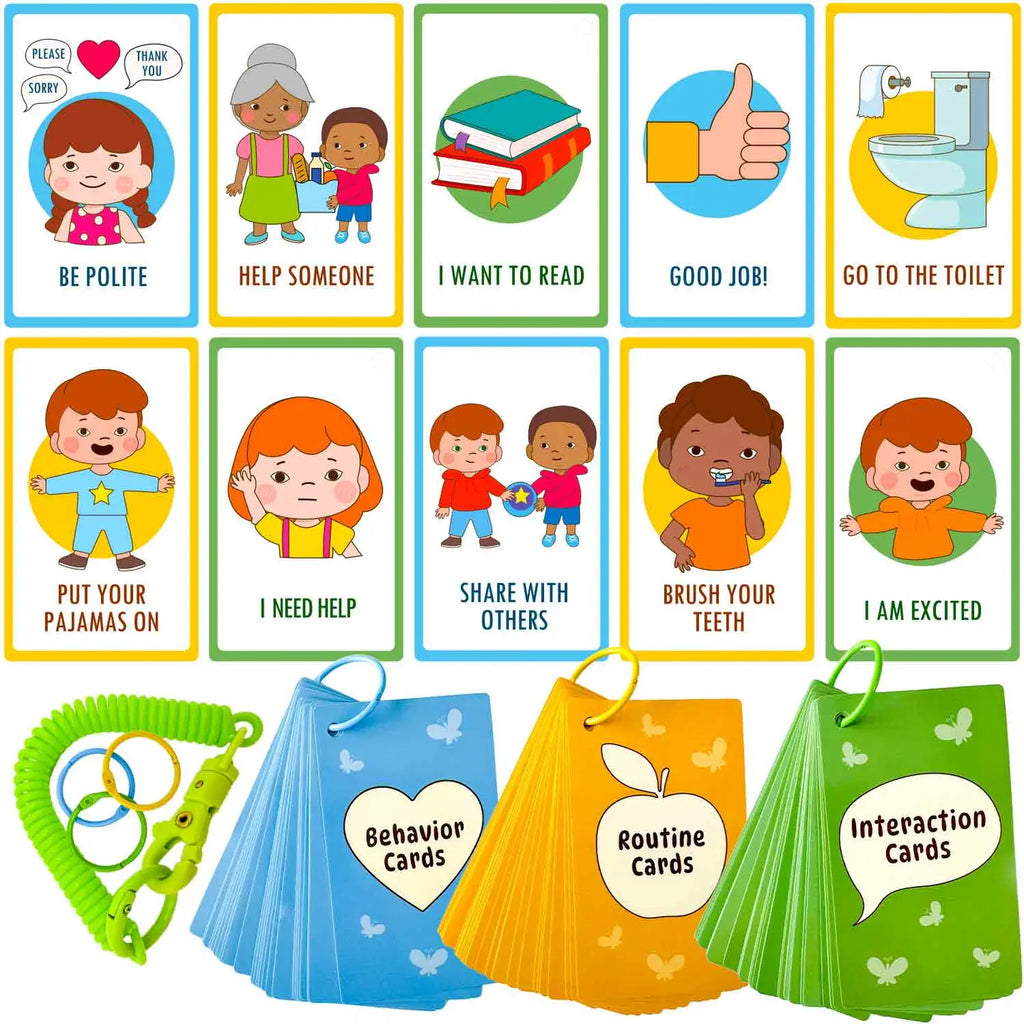 Set of colorful communication cards for kids showing behavior, routine, and interaction sets designed for autism learning and daily visual support.