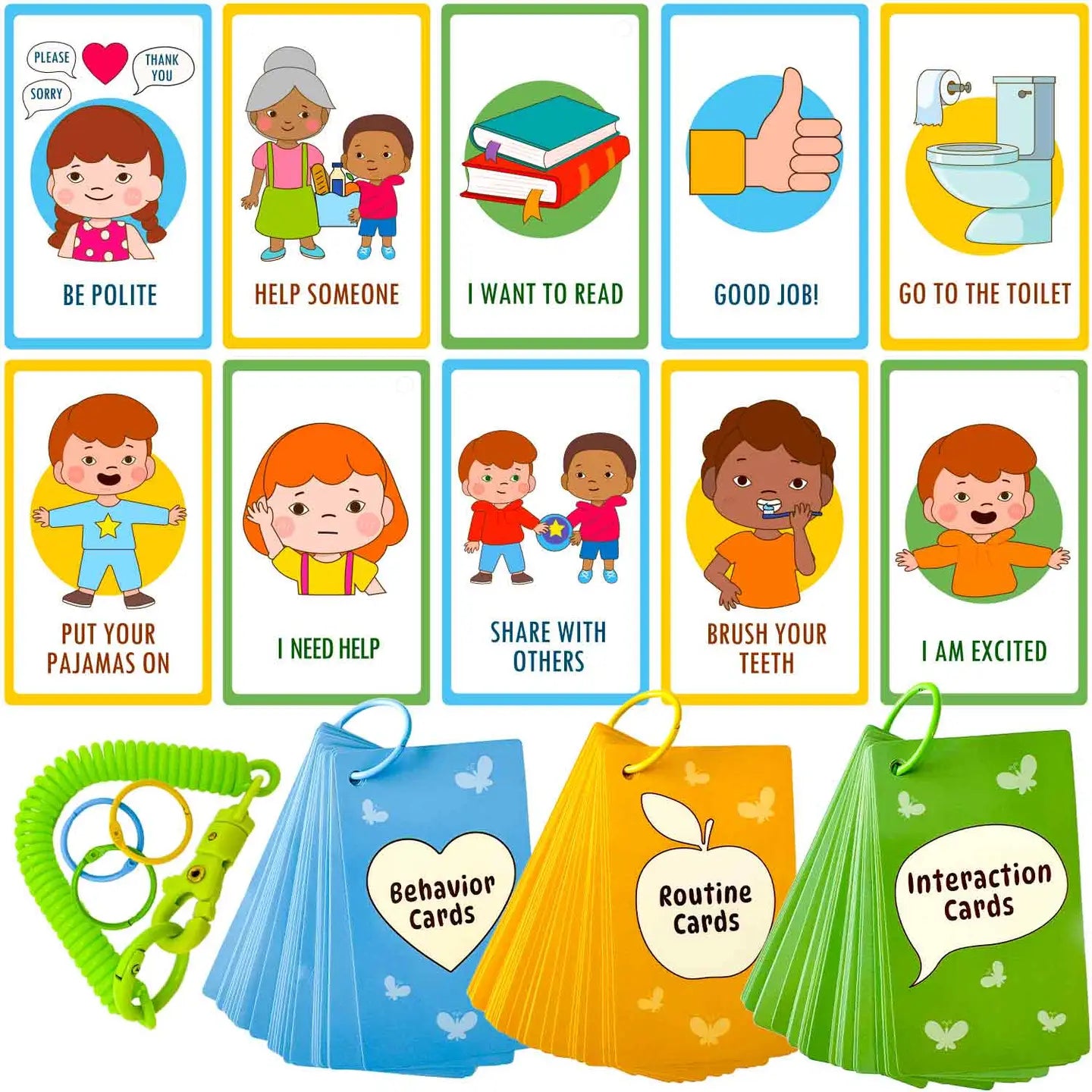 Set of colorful communication cards for kids showing behavior, routine, and interaction sets designed for autism learning and daily visual support.