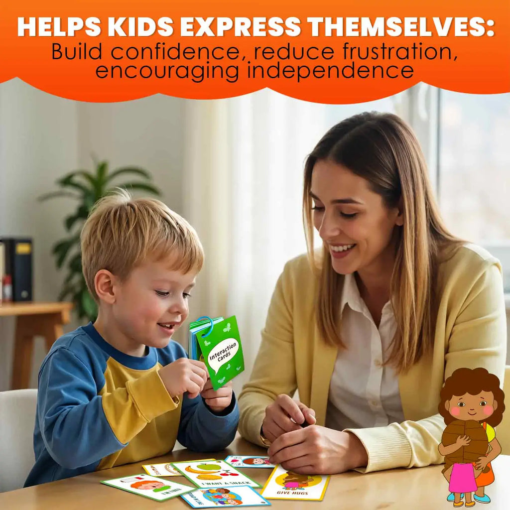 Smiling child and adult using colorful communication cards at a table with text “Helps Kids Express Themselves” showing emotional learning and confidence building.
