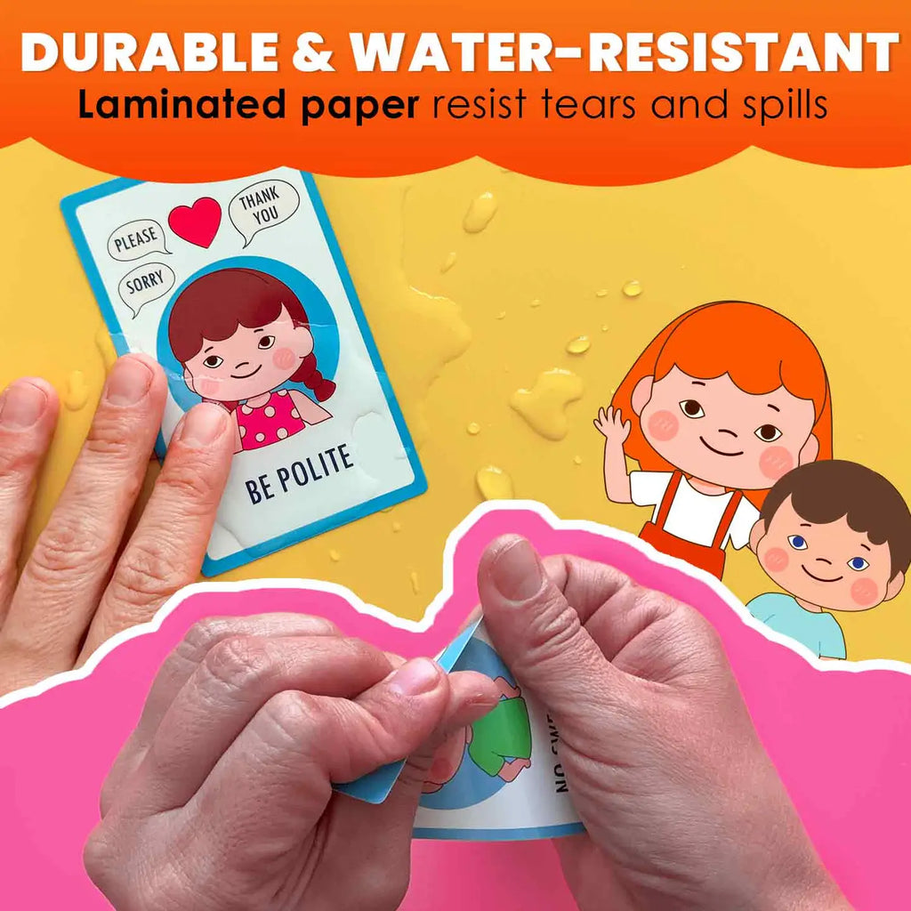 Close-up of a hand holding a laminated communication card labeled “Be Polite” on a colorful background with text showing durable and water-resistant design for autism learning materials.