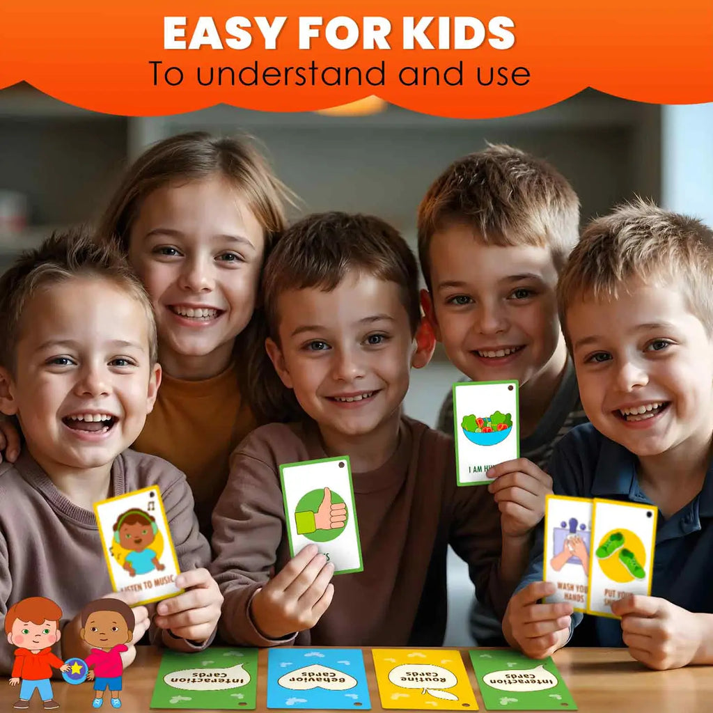 Group of smiling children holding colorful communication cards from the Autism Learning Materials set, with text “Easy for Kids to Understand and Use” on an orange background.
