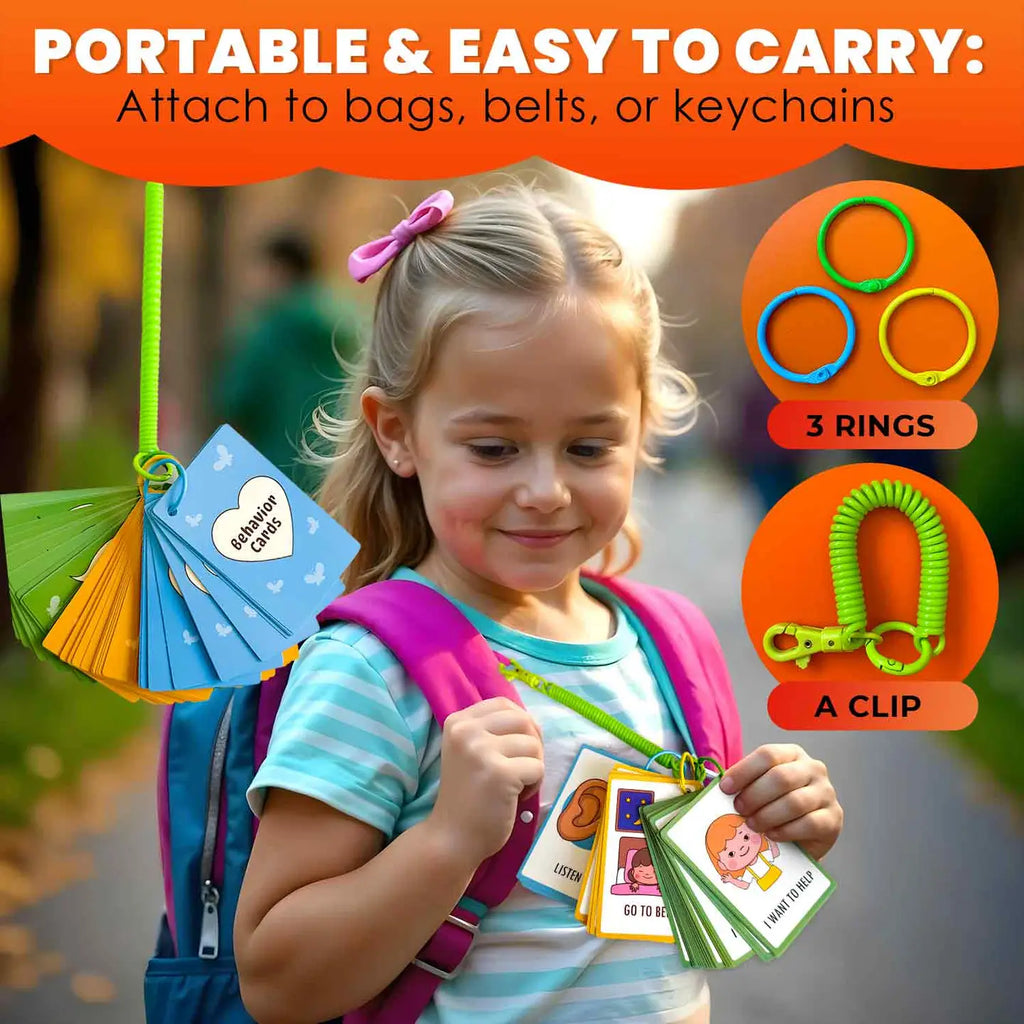 Smiling child wearing a backpack and holding colorful communication cards with clip and rings, showing the portable and easy-to-carry design of the Autism Learning Materials set.