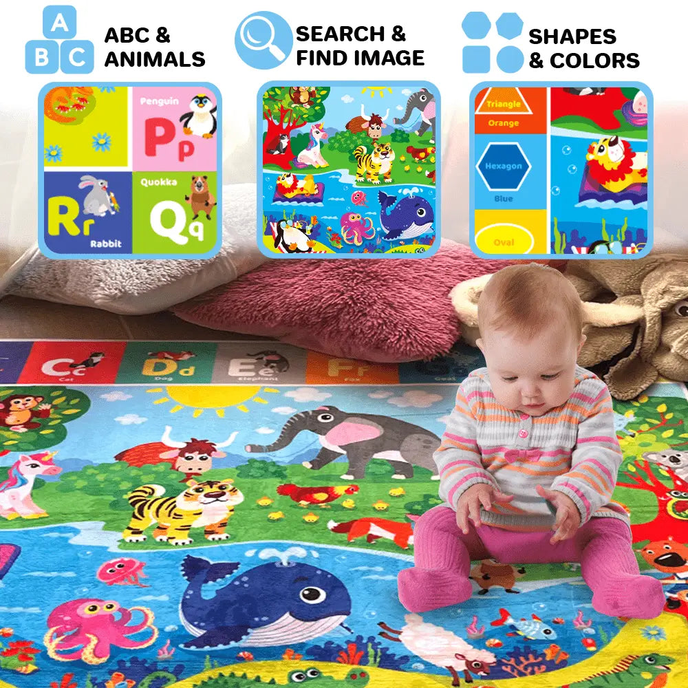 Baby sitting and playing on the Deluxe ABC Baby Play Mat — colorful educational rug with animals, letters, and shapes designed for early sensory learning.
