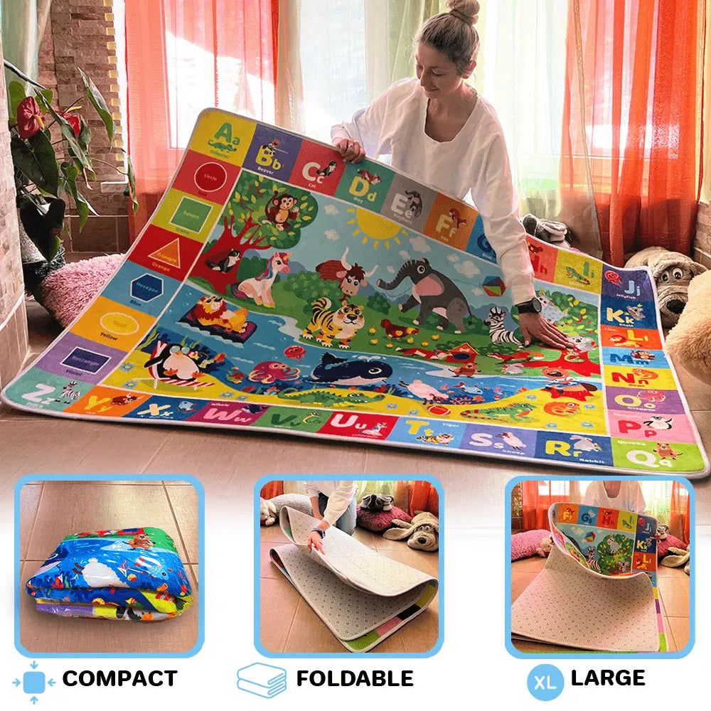 Parent folding the Deluxe ABC Baby Play Mat — large, non-slip, foldable alphabet learning rug with compact storage design.
