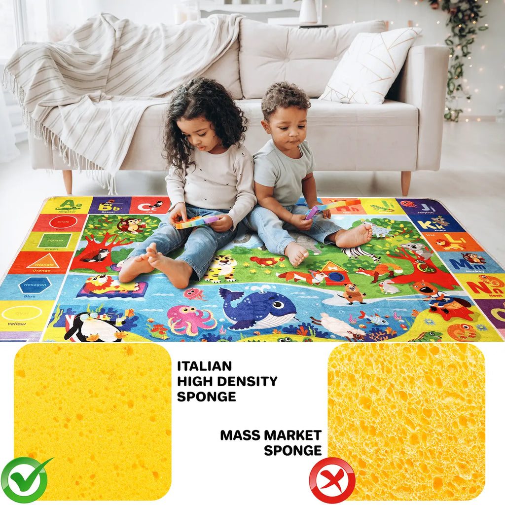 Two children playing on the Deluxe ABC Baby Play Mat, showing Italian high-density sponge compared to mass-market sponge for premium softness and quality.