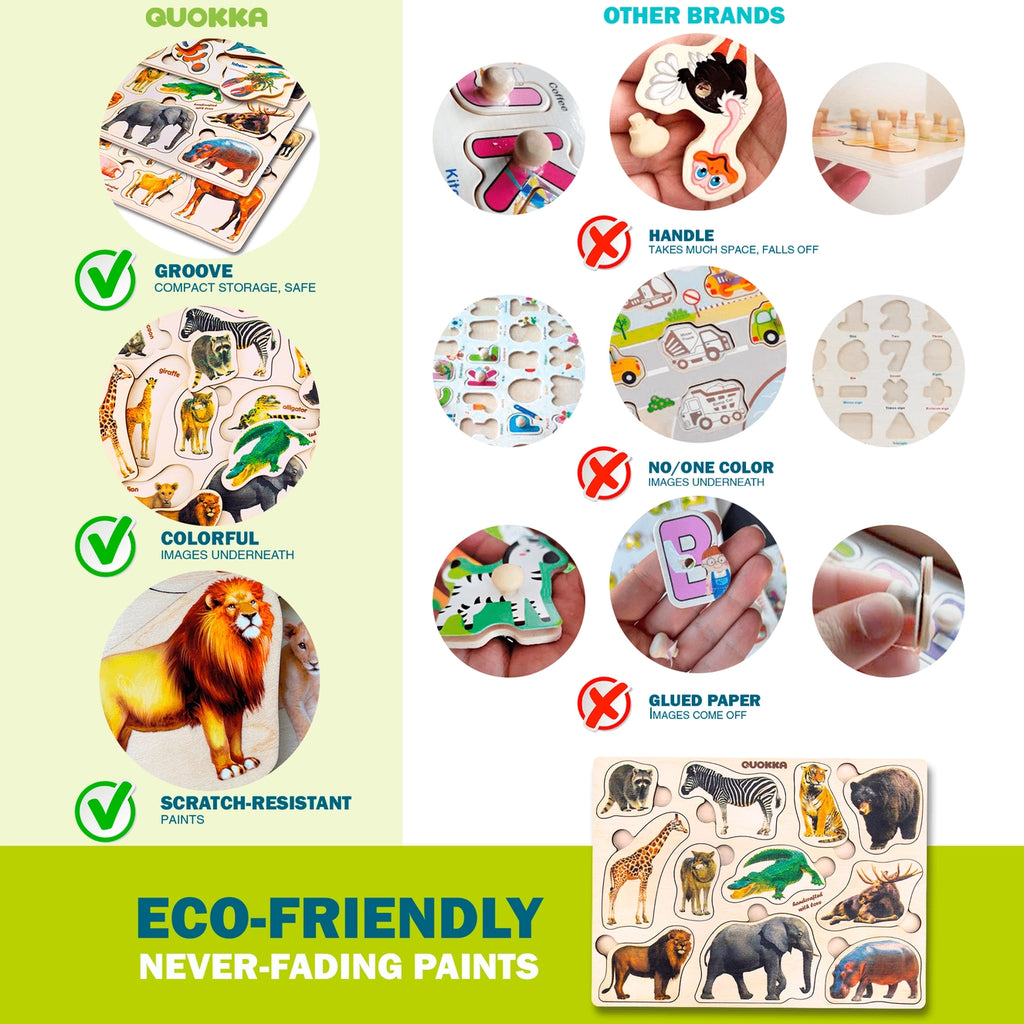 Eco-friendly Montessori wooden animal puzzle comparison showing Quokka brand advantages—scratch-resistant paint, colorful images, safe grooves, and never-fading eco paints—versus other puzzle brands.