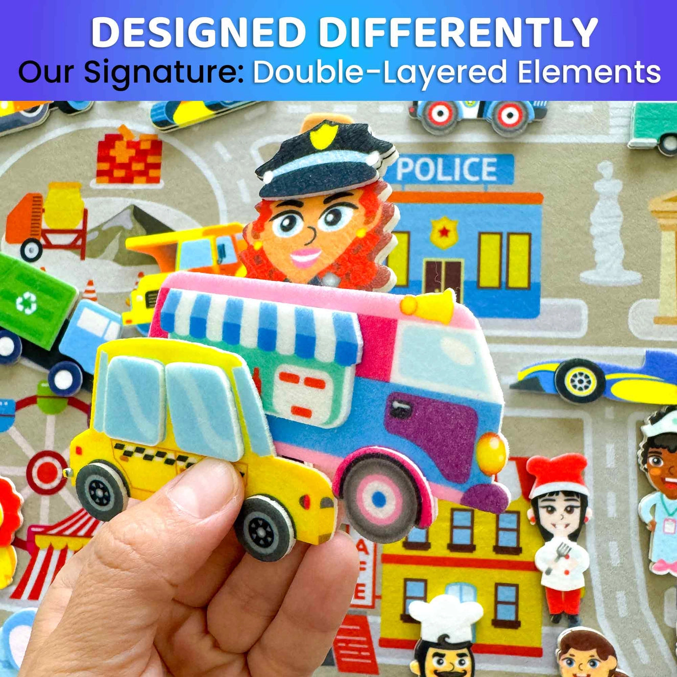 Felt Board City for Kids educational flannel toy – close-up showing double-layered elements and hand holding colorful vehicles.