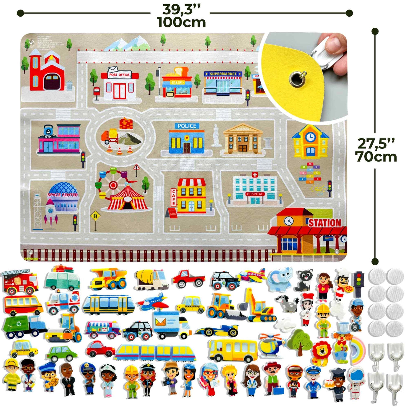 Felt Board City for Kids – 39x27 inch flannel board playset with 61 Velcro pieces including cars, people, and buildings for early learning fun.