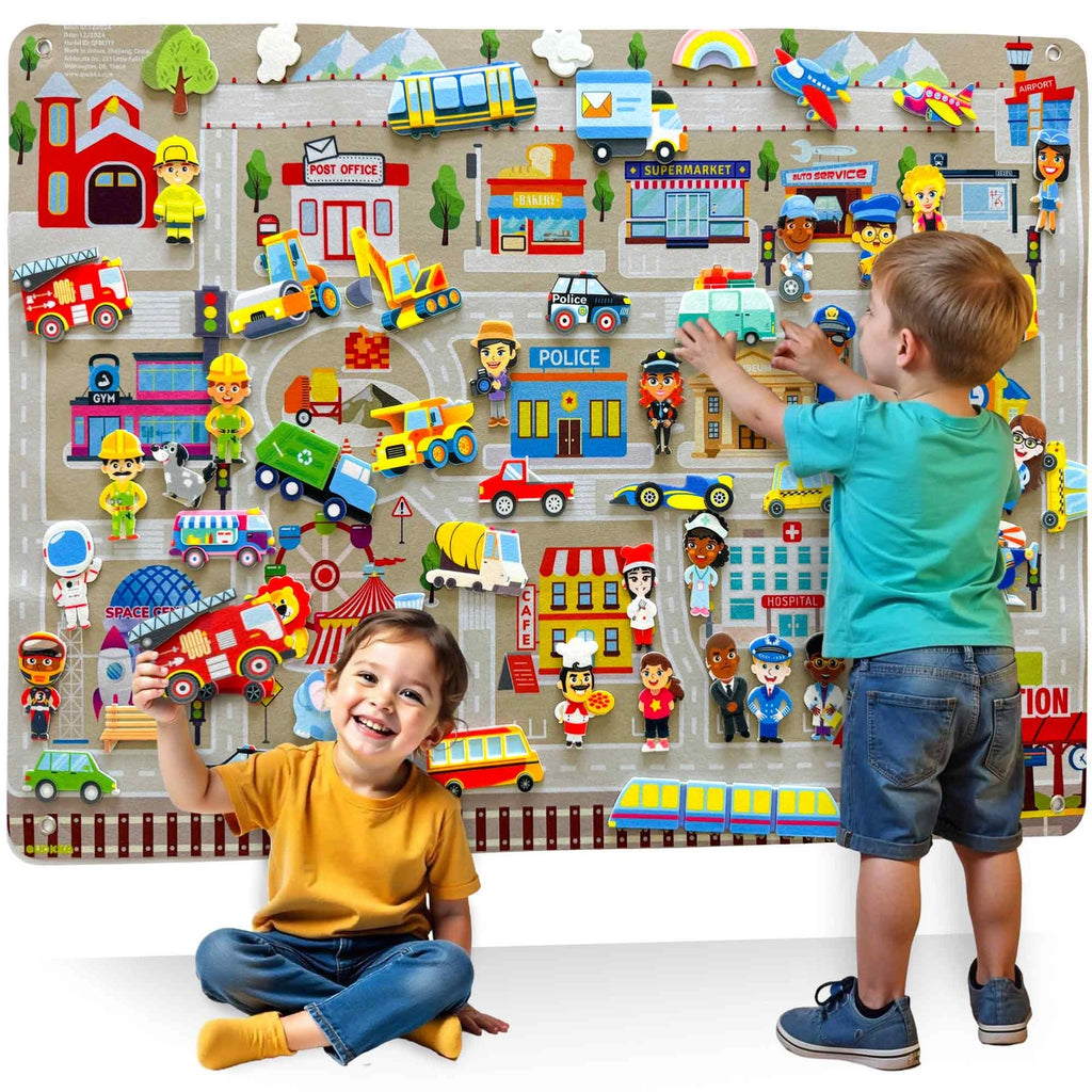 Children playing with Felt Board City for Kids – educational flannel toy with vehicles, buildings, and characters for creative learning.