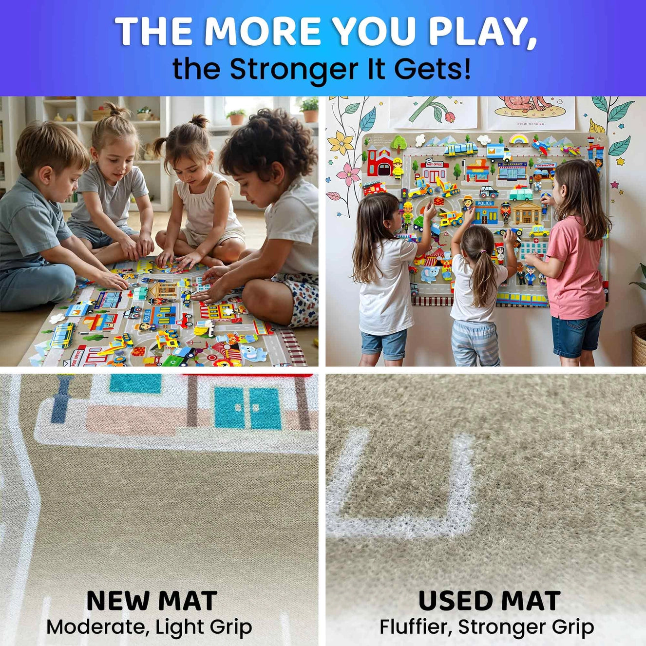Felt Board City for Kids educational flannel play mat with children learning and playing together – “the more you play, the stronger it gets” design.