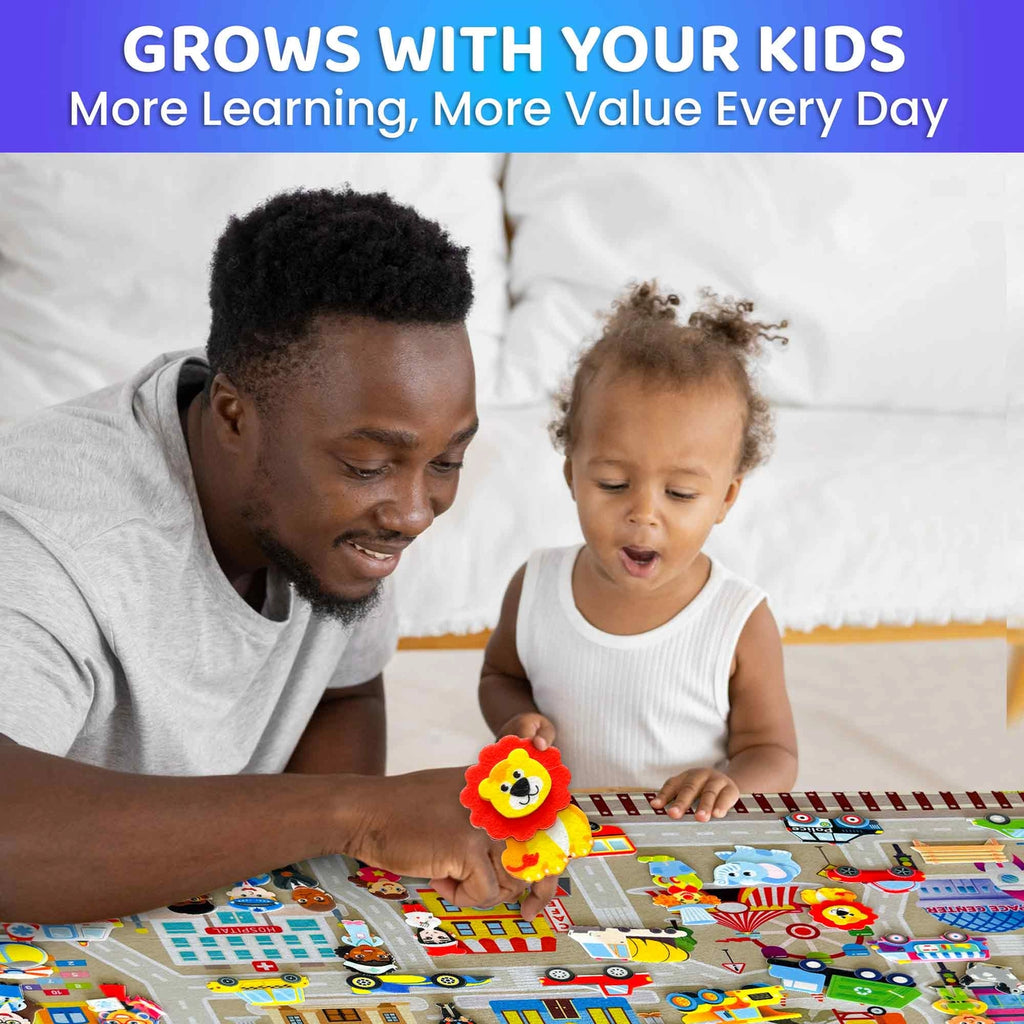 Felt Board City for Kids educational flannel toy – parent and child playing together, showing how it grows with your kids and encourages daily learning.