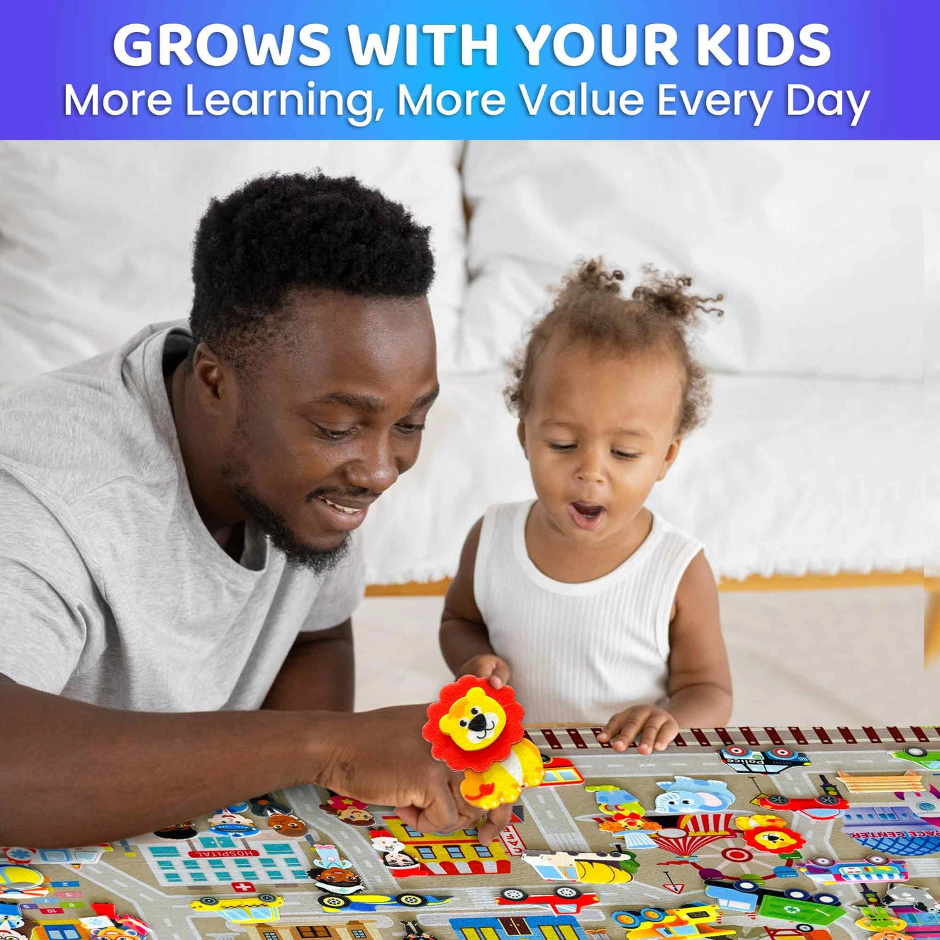 Felt Board City for Kids educational flannel toy – parent and child playing together, showing how it grows with your kids and encourages daily learning.