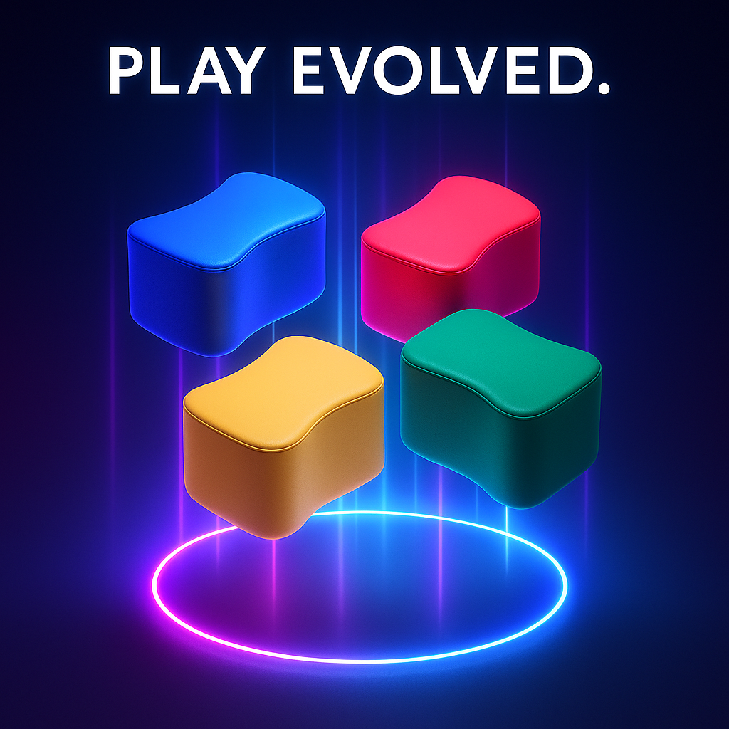 Four colorful modular stools glowing on a dark futuristic background with the words ‘Play Evolved.’
