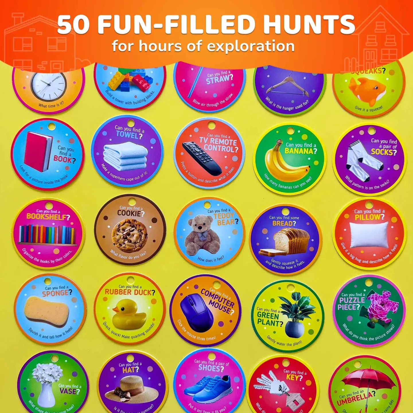 Collection of 50 colorful scavenger hunt cards from the Indoor Scavenger Hunt Game for Kids featuring real-life objects and fun educational challenges.
