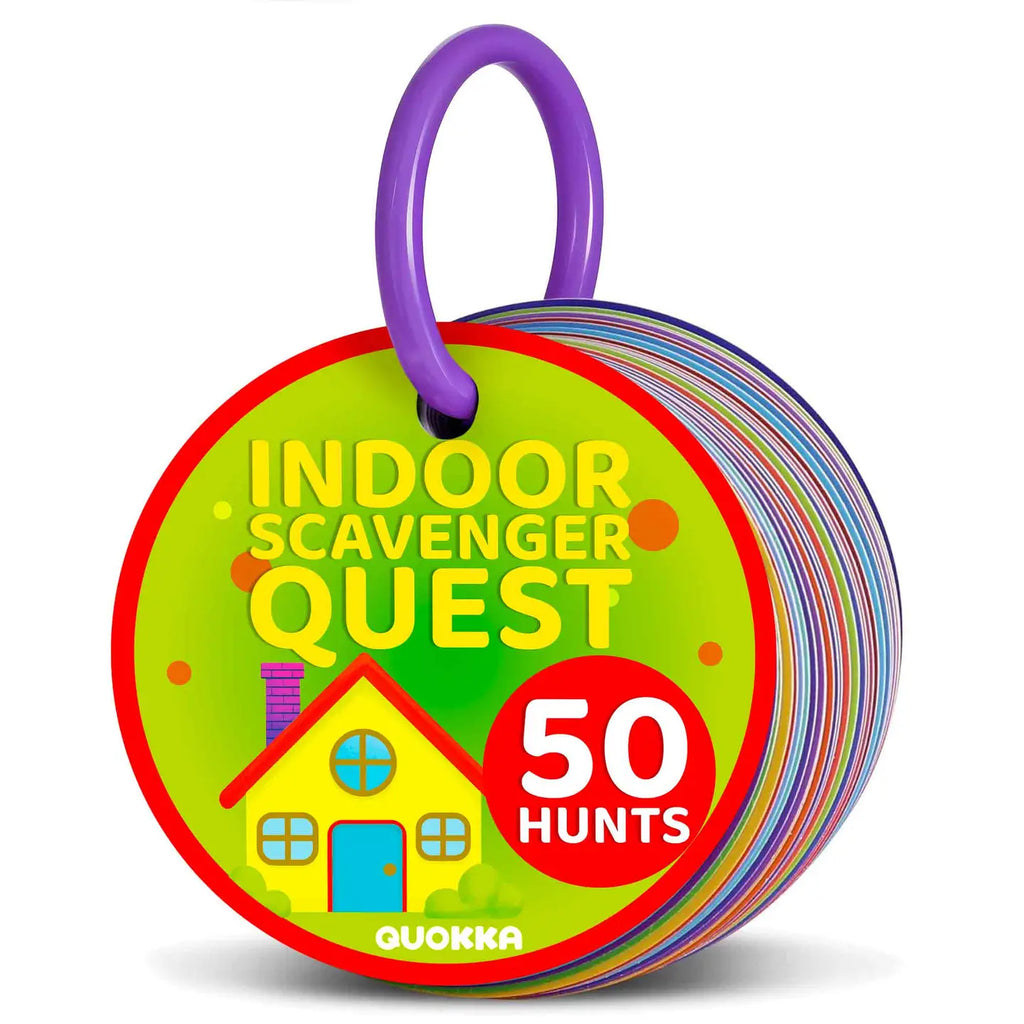 Indoor Scavenger Hunt Game for Kids showing colorful ring-bound cards labeled “50 Hunts” — fun educational activity set for indoor play and learning.